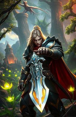 A captivating scene from a fantasy video game, featuring a fierce warrior with gleaming armor, wielding a shimmering sword