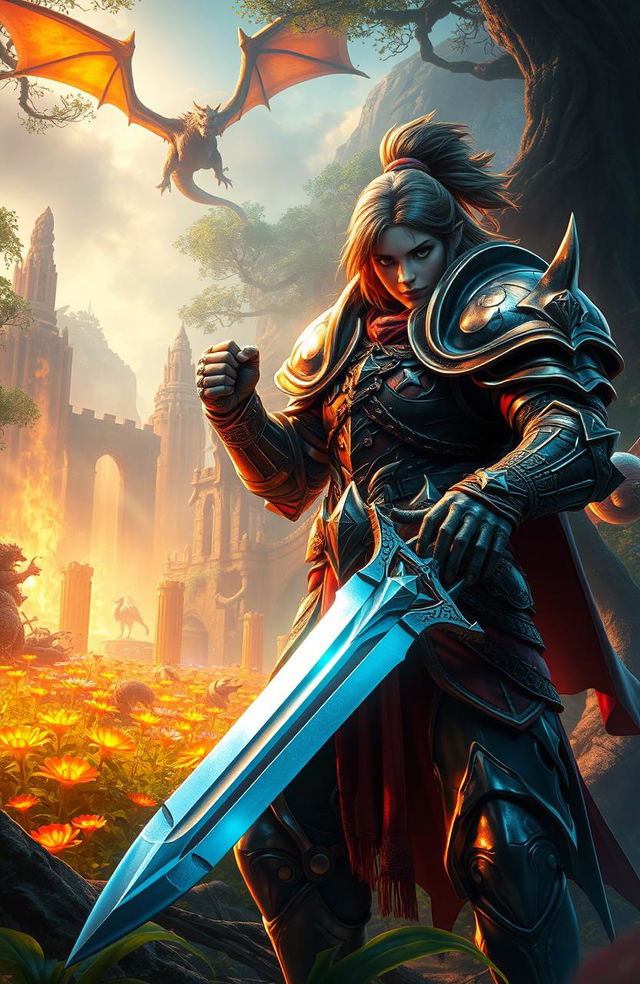 A captivating scene from a fantasy video game, featuring a fierce warrior with gleaming armor, wielding a shimmering sword