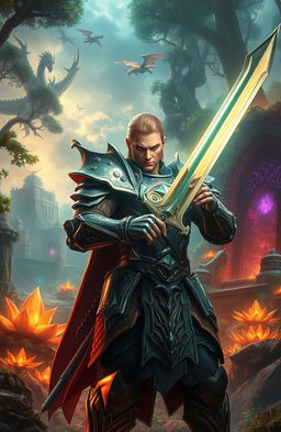 A captivating scene from a fantasy video game, featuring a fierce warrior with gleaming armor, wielding a shimmering sword