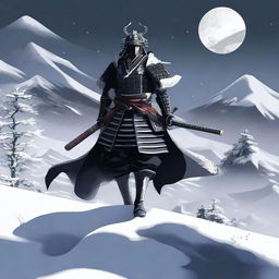 Generate an image of a royal samurai, adorned in elegant black armor ornamented with white accents