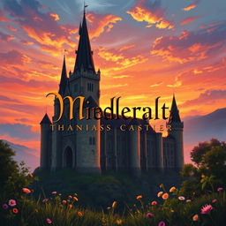 A stunning book cover design featuring a majestic medieval castle silhouetted against a vibrant sunset sky