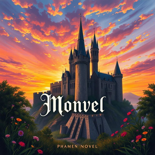 A stunning book cover design featuring a majestic medieval castle silhouetted against a vibrant sunset sky