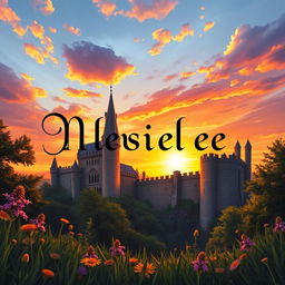 A stunning book cover design featuring a majestic medieval castle silhouetted against a vibrant sunset sky