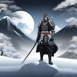 Generate an image of a royal samurai, adorned in elegant black armor ornamented with white accents