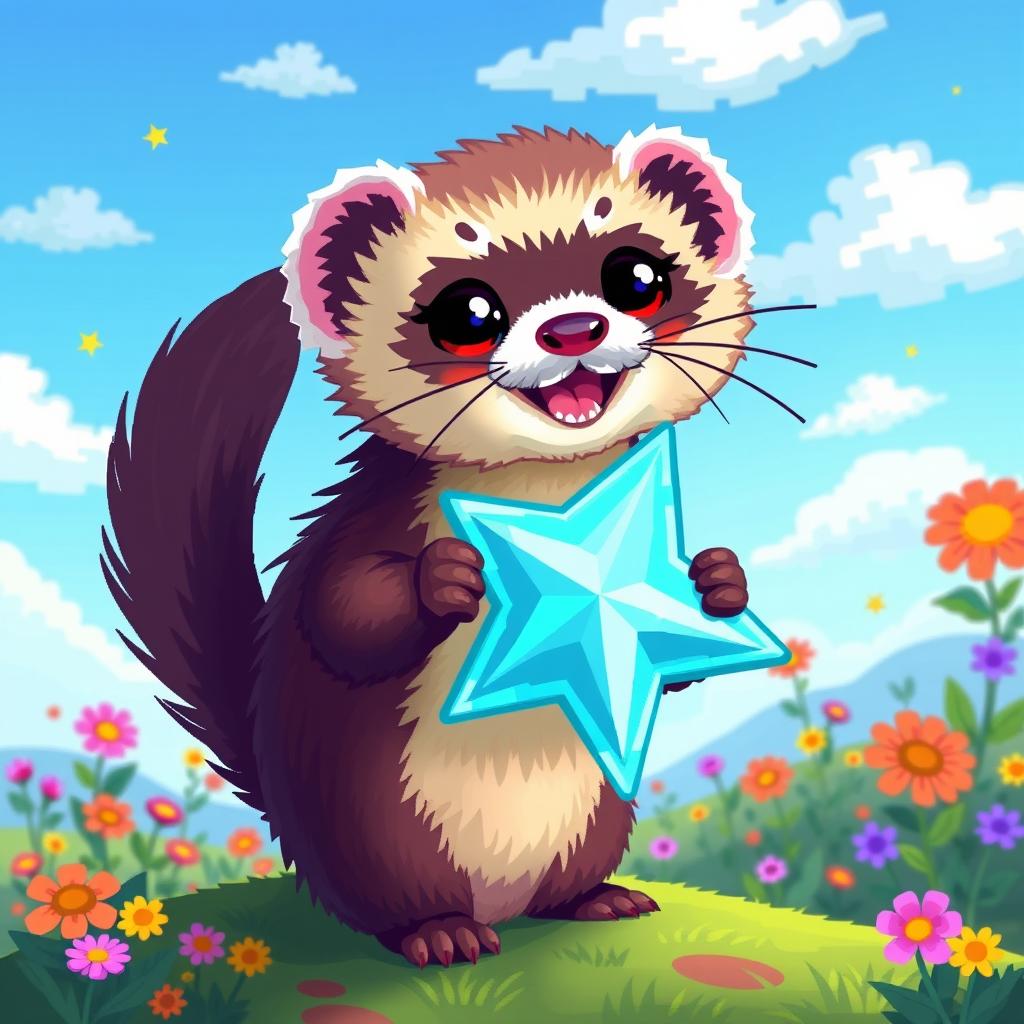 Pixel art of a ferret holding a shiny star, with vibrant colors and a cheerful expression, featuring a detailed fur texture, cute big eyes, and a playful posture