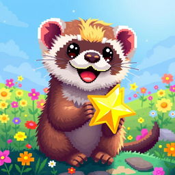 Pixel art of a ferret holding a shiny star, with vibrant colors and a cheerful expression, featuring a detailed fur texture, cute big eyes, and a playful posture
