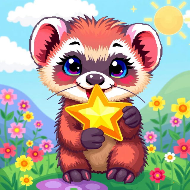 Pixel art of a ferret holding a shiny star, with vibrant colors and a cheerful expression, featuring a detailed fur texture, cute big eyes, and a playful posture