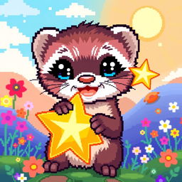 Pixel art of a ferret holding a shiny star, with vibrant colors and a cheerful expression, featuring a detailed fur texture, cute big eyes, and a playful posture