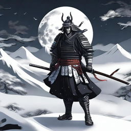 Generate an image of a royal samurai, adorned in elegant black armor ornamented with white accents