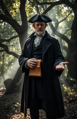 A mysterious figure known as 'the forgotten founder', standing in a misty forest with ancient trees and dappled sunlight filtering through the leaves