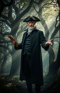 A mysterious figure known as 'the forgotten founder', standing in a misty forest with ancient trees and dappled sunlight filtering through the leaves