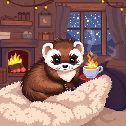 A cozy pixel art depiction of a ferret, snuggled up in a warm and inviting environment