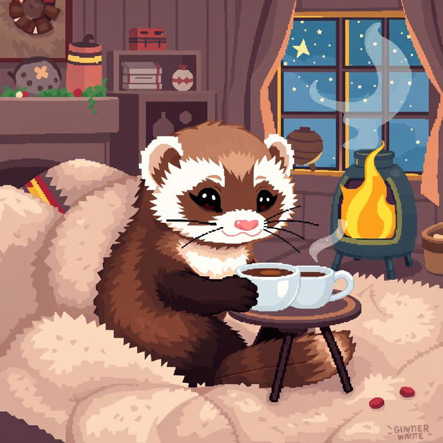 A cozy pixel art depiction of a ferret, snuggled up in a warm and inviting environment