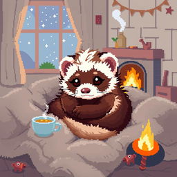 A cozy pixel art depiction of a ferret, snuggled up in a warm and inviting environment