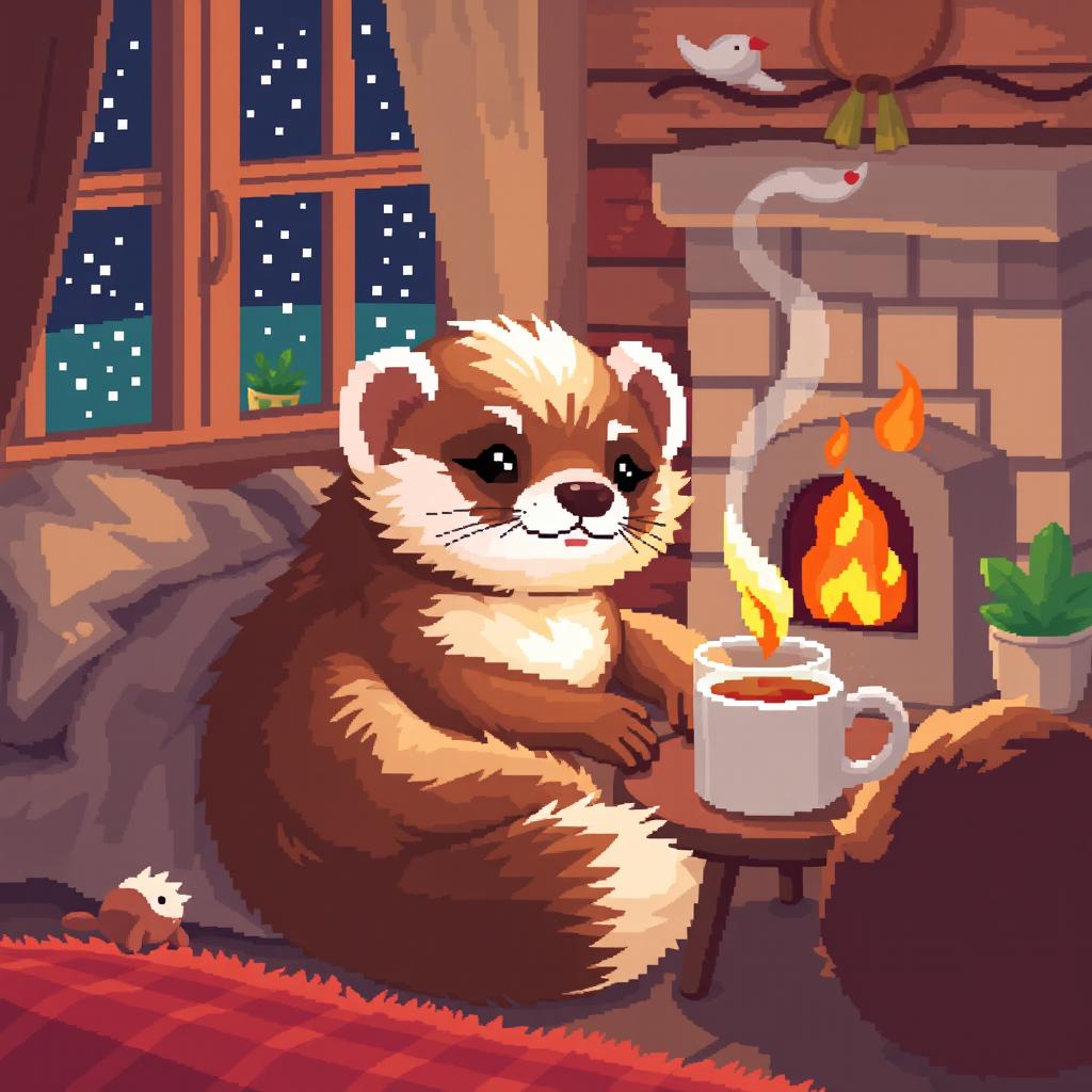 A cozy pixel art depiction of a ferret, snuggled up in a warm and inviting environment