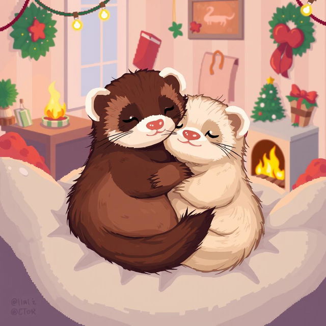 Cozy pixel art illustration of two loving ferrets snuggled together, surrounded by a warm and inviting environment