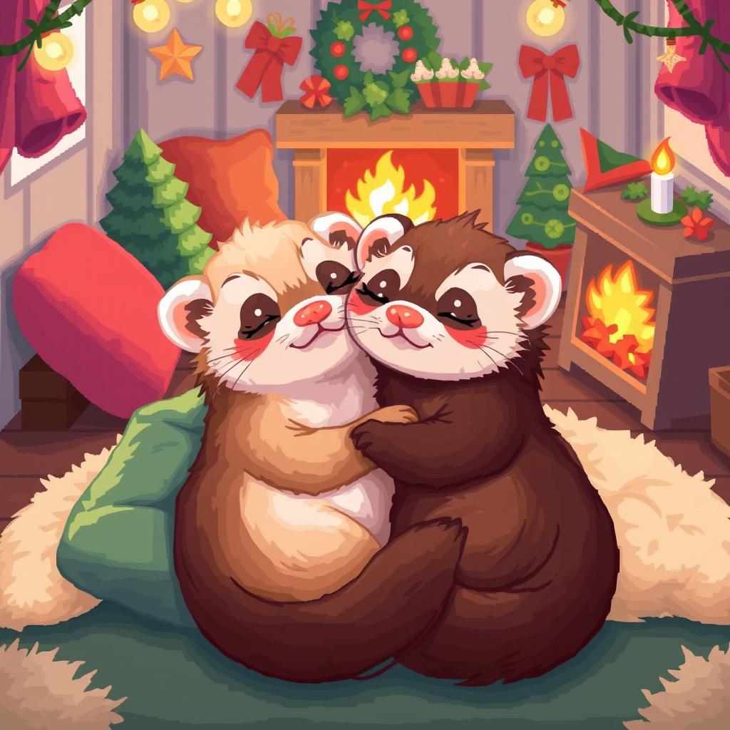 Cozy pixel art illustration of two loving ferrets snuggled together, surrounded by a warm and inviting environment