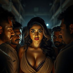 Rashmika Mandana depicted as a sultry and confident woman in a visually striking and dramatic scene set in a dimly lit under-construction building at night