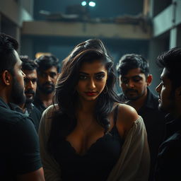 Rashmika Mandana depicted as a sultry and confident woman in a visually striking and dramatic scene set in a dimly lit under-construction building at night
