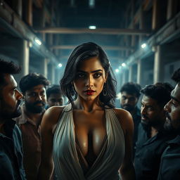 Rashmika Mandana depicted as a sultry and confident woman in a visually striking and dramatic scene set in a dimly lit under-construction building at night