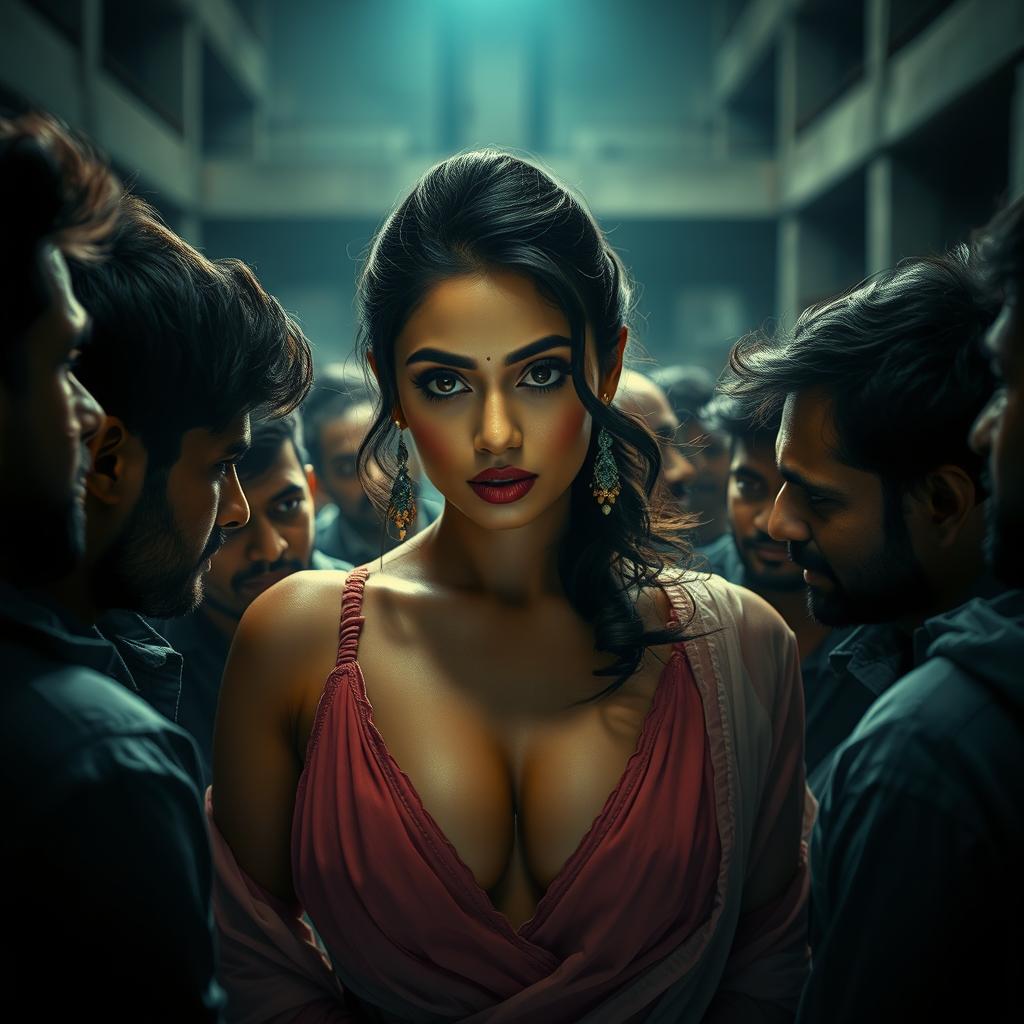 Rashmika Mandana depicted as a sultry and confident woman in a visually striking and dramatic scene set in a dimly lit under-construction building at night