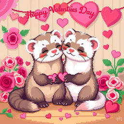 Pixel art of a cozy scene featuring two adorable ferrets in love, celebrating Valentine's Day