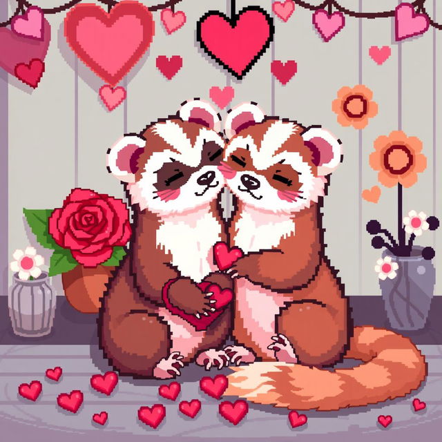 Pixel art of a cozy scene featuring two adorable ferrets in love, celebrating Valentine's Day