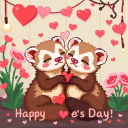 Pixel art of a cozy scene featuring two adorable ferrets in love, celebrating Valentine's Day