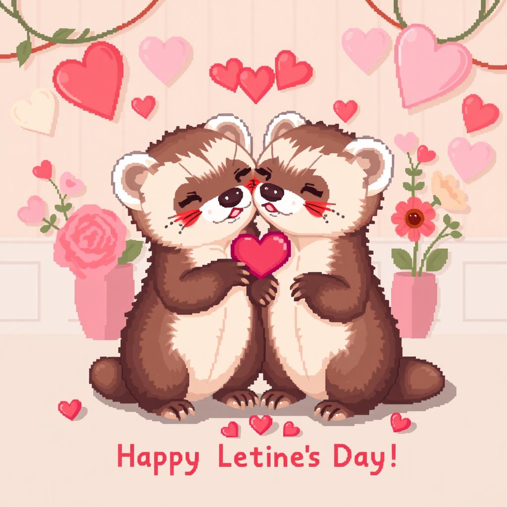 Pixel art of a cozy scene featuring two adorable ferrets in love, celebrating Valentine's Day
