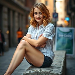A woman with shoulder-length wavy strawberry blonde hair, wearing a white short-sleeved button-up shirt with vertical stripes and dark shorts, sitting on a low stone wall in an urban street