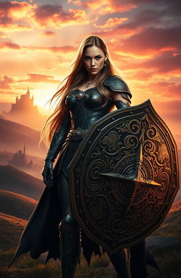 A powerful and majestic warrior woman named Emina standing tall in a dramatic fantasy landscape