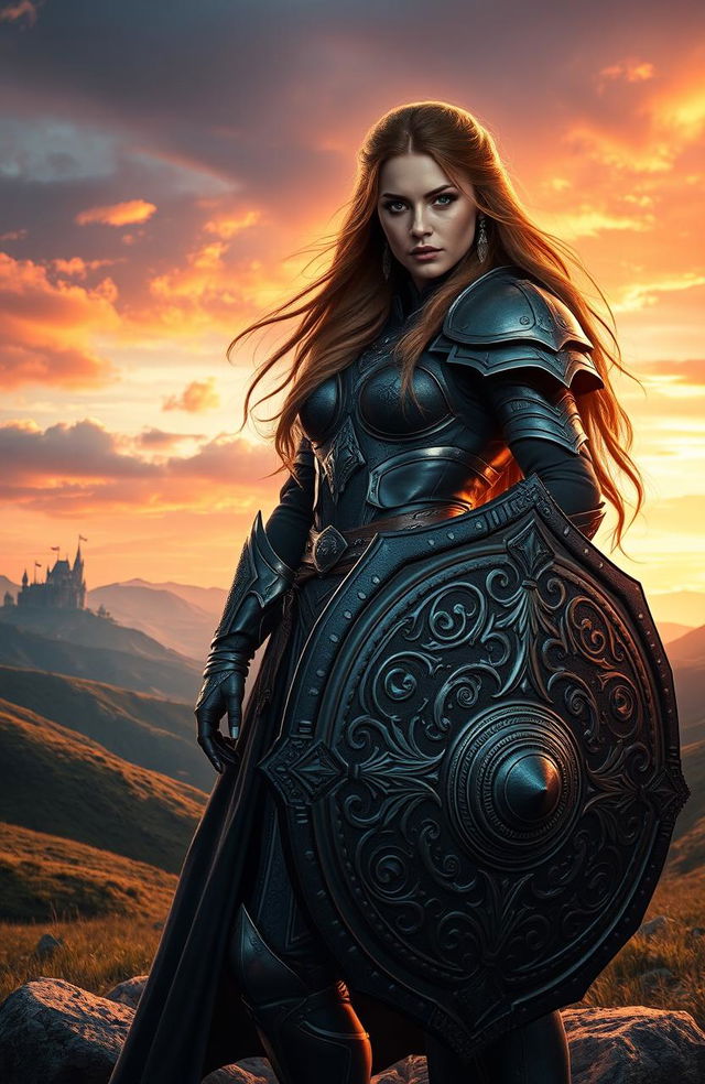 A powerful and majestic warrior woman named Emina standing tall in a dramatic fantasy landscape