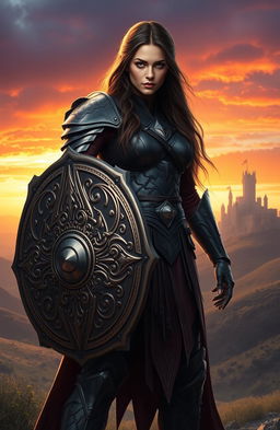 A powerful and majestic warrior woman named Emina standing tall in a dramatic fantasy landscape