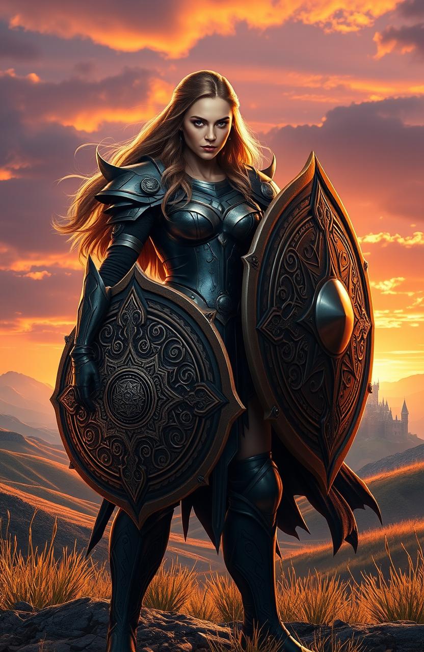 A powerful and majestic warrior woman named Emina standing tall in a dramatic fantasy landscape