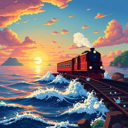 A pixel art scene inspired by Hayao Miyazaki, depicting the iconic train from 'Spirited Away' traveling on a magical railway over the sea