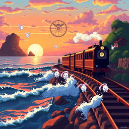 A pixel art scene inspired by Hayao Miyazaki, depicting the iconic train from 'Spirited Away' traveling on a magical railway over the sea