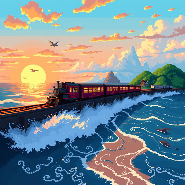 A pixel art scene inspired by Hayao Miyazaki, depicting the iconic train from 'Spirited Away' traveling on a magical railway over the sea