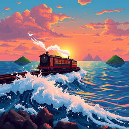 A pixel art scene inspired by Hayao Miyazaki, depicting the iconic train from 'Spirited Away' traveling on a magical railway over the sea