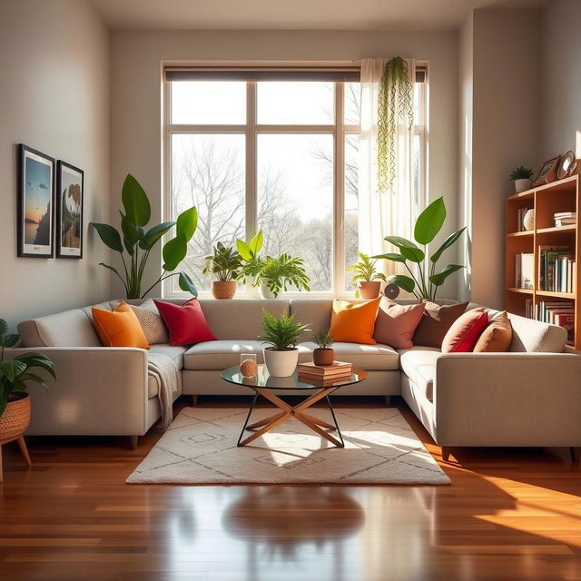 A beautifully designed modern room with a cozy atmosphere, featuring a large window allowing natural light to flow in, a plush sofa adorned with colorful throw pillows, a stylish coffee table in the center, some lush indoor plants, and artwork hanging on the walls