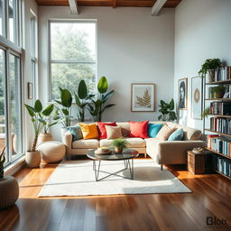 A beautifully designed modern room with a cozy atmosphere, featuring a large window allowing natural light to flow in, a plush sofa adorned with colorful throw pillows, a stylish coffee table in the center, some lush indoor plants, and artwork hanging on the walls