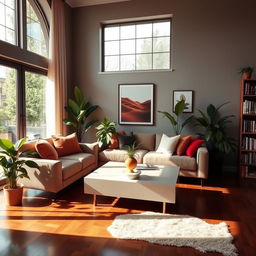 A beautifully designed modern room with a cozy atmosphere, featuring a large window allowing natural light to flow in, a plush sofa adorned with colorful throw pillows, a stylish coffee table in the center, some lush indoor plants, and artwork hanging on the walls
