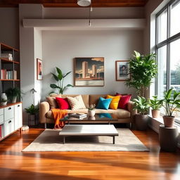 A beautifully designed modern room with a cozy atmosphere, featuring a large window allowing natural light to flow in, a plush sofa adorned with colorful throw pillows, a stylish coffee table in the center, some lush indoor plants, and artwork hanging on the walls