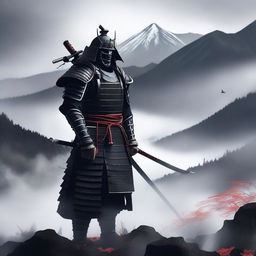 Generate an image of a regal samurai, donned in a striking black armor adorned with white accents