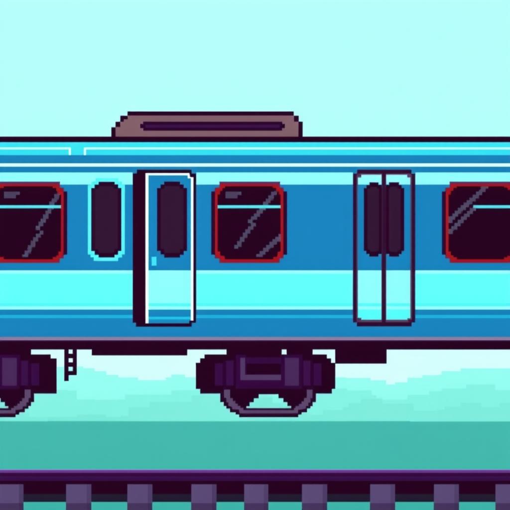 A pixel art train carriage design featuring a combination of blue and cyan tones