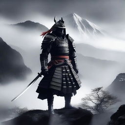 Generate an image of a regal samurai, donned in a striking black armor adorned with white accents