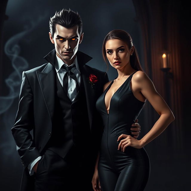 A charismatic vampire standing confidently beside a self-assured woman in a dark and mysterious atmosphere