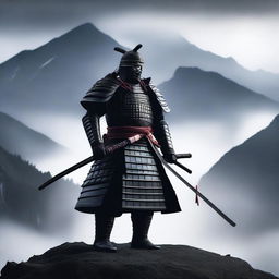 Generate an image of a regal samurai, donned in a striking black armor adorned with white accents