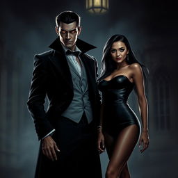 A charismatic vampire standing confidently beside a self-assured woman in a dark and mysterious atmosphere