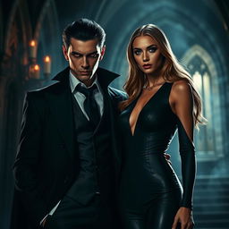 A charismatic vampire standing confidently beside a self-assured woman in a dark and mysterious atmosphere