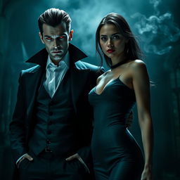 A charismatic vampire standing confidently beside a self-assured woman in a dark and mysterious atmosphere